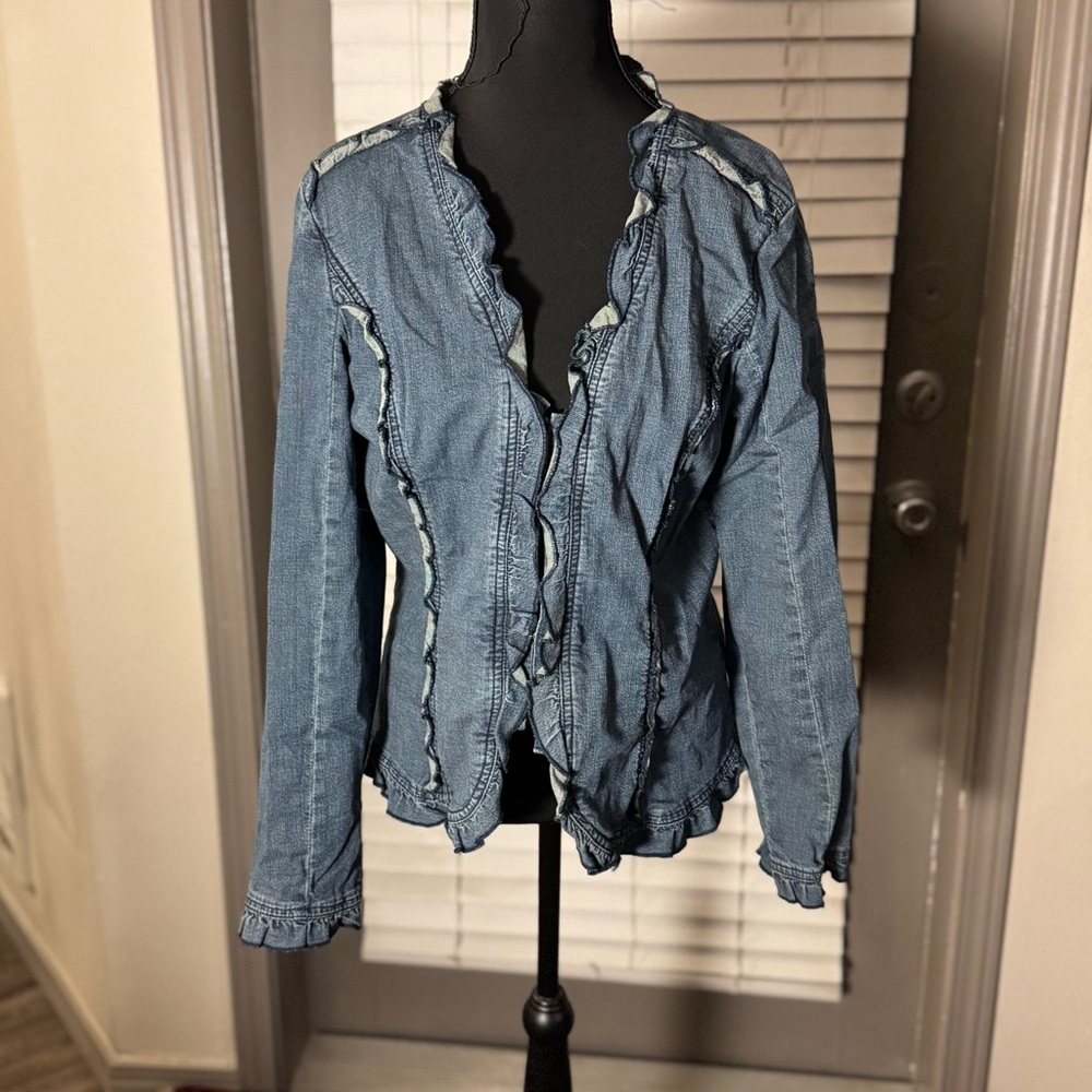 LIVE A LITTLE LAL Vintage Denim Ruffled Long Sleeve Retro Jacket, Size Medium